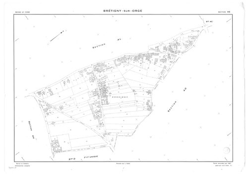 BRETIGNY-SUR-ORGE .- Cadastre révisé pour 1957 : plan du tableau d'assemblage, plans de la section A 1ère feuille, idem 2ème feuille, idem 3ème feuille, idem 4ème feuille, section AB, section AC, section AD, section AE, section AH, section AI, section AK,