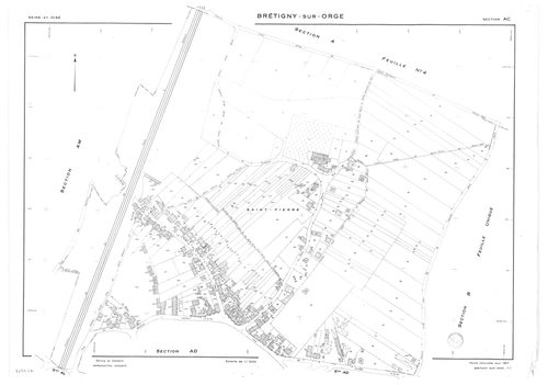 BRETIGNY-SUR-ORGE .- Cadastre révisé pour 1957 : plan du tableau d'assemblage, plans de la section A 1ère feuille, idem 2ème feuille, idem 3ème feuille, idem 4ème feuille, section AB, section AC, section AD, section AE, section AH, section AI, section AK,