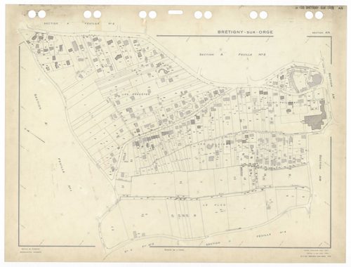 BRETIGNY-SUR-ORGE, plans minutes de conservation : tableau d'assemblage,1957, Ech. 1/10000 ; plans des sections Eu, Fu, A4, C2, C3, D1, 1957, Ech. 1/2500, sections A1, A2, A3, C1, C4, 1957, Ech. 1/1250, sections AB, AC, AD, AE, AH, AK, AL, AM, AN, AS, 195