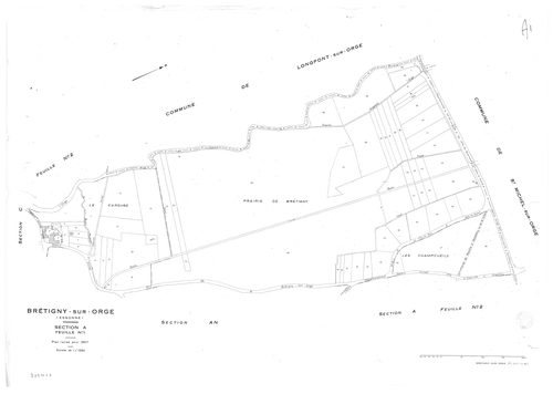 BRETIGNY-SUR-ORGE .- Cadastre révisé pour 1957 : plan du tableau d'assemblage, plans de la section A 1ère feuille, idem 2ème feuille, idem 3ème feuille, idem 4ème feuille, section AB, section AC, section AD, section AE, section AH, section AI, section AK,