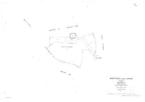 BRETIGNY-SUR-ORGE .- Cadastre révisé pour 1957 : plan du tableau d'assemblage, plans de la section A 1ère feuille, idem 2ème feuille, idem 3ème feuille, idem 4ème feuille, section AB, section AC, section AD, section AE, section AH, section AI, section AK,