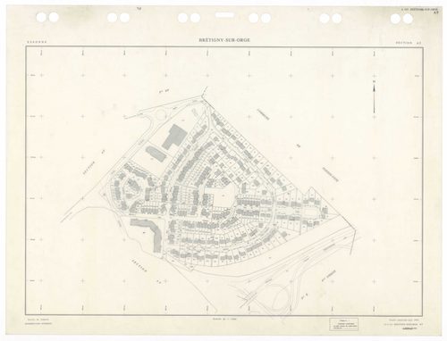 BRETIGNY-SUR-ORGE, plans minutes de conservation : tableau d'assemblage,1957, Ech. 1/10000 ; plans des sections Eu, Fu, A4, C2, C3, D1, 1957, Ech. 1/2500, sections A1, A2, A3, C1, C4, 1957, Ech. 1/1250, sections AB, AC, AD, AE, AH, AK, AL, AM, AN, AS, 195