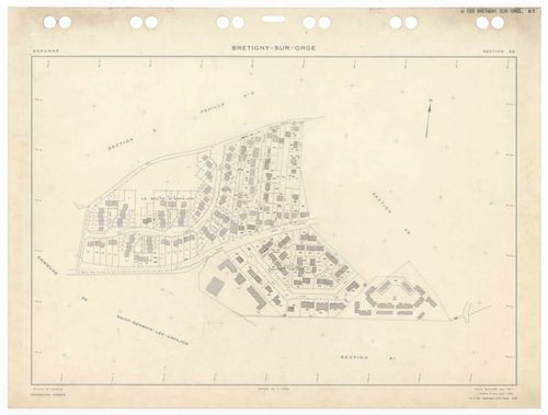 BRETIGNY-SUR-ORGE, plans minutes de conservation : tableau d'assemblage,1957, Ech. 1/10000 ; plans des sections Eu, Fu, A4, C2, C3, D1, 1957, Ech. 1/2500, sections A1, A2, A3, C1, C4, 1957, Ech. 1/1250, sections AB, AC, AD, AE, AH, AK, AL, AM, AN, AS, 195