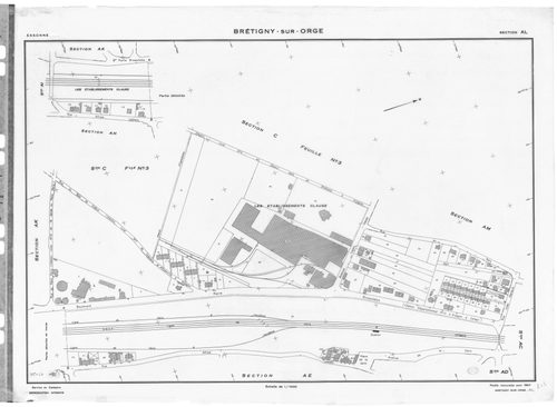 BRETIGNY-SUR-ORGE .- Cadastre révisé pour 1957 : plan du tableau d'assemblage, plans de la section A 1ère feuille, idem 2ème feuille, idem 3ème feuille, idem 4ème feuille, section AB, section AC, section AD, section AE, section AH, section AI, section AK,