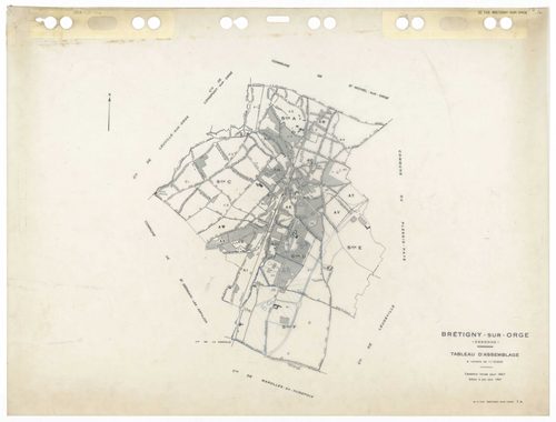 BRETIGNY-SUR-ORGE, plans minutes de conservation : tableau d'assemblage,1957, Ech. 1/10000 ; plans des sections Eu, Fu, A4, C2, C3, D1, 1957, Ech. 1/2500, sections A1, A2, A3, C1, C4, 1957, Ech. 1/1250, sections AB, AC, AD, AE, AH, AK, AL, AM, AN, AS, 195