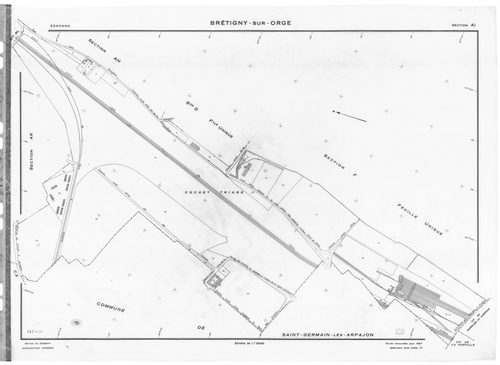 BRETIGNY-SUR-ORGE .- Cadastre révisé pour 1957 : plan du tableau d'assemblage, plans de la section A 1ère feuille, idem 2ème feuille, idem 3ème feuille, idem 4ème feuille, section AB, section AC, section AD, section AE, section AH, section AI, section AK,