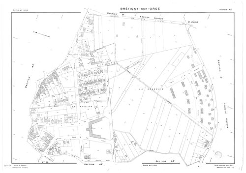 BRETIGNY-SUR-ORGE .- Cadastre révisé pour 1957 : plan du tableau d'assemblage, plans de la section A 1ère feuille, idem 2ème feuille, idem 3ème feuille, idem 4ème feuille, section AB, section AC, section AD, section AE, section AH, section AI, section AK,