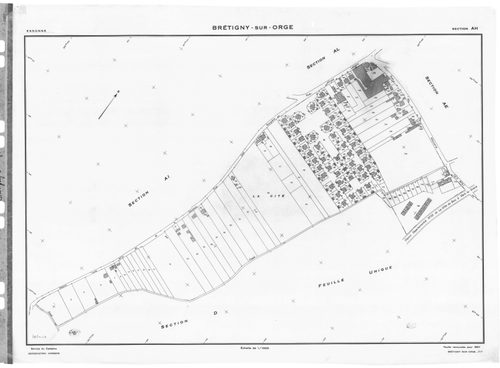 BRETIGNY-SUR-ORGE .- Cadastre révisé pour 1957 : plan du tableau d'assemblage, plans de la section A 1ère feuille, idem 2ème feuille, idem 3ème feuille, idem 4ème feuille, section AB, section AC, section AD, section AE, section AH, section AI, section AK,
