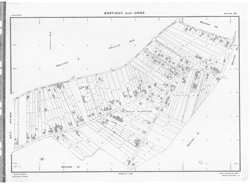 BRETIGNY-SUR-ORGE .- Cadastre révisé pour 1957 : plan du tableau d'assemblage, plans de la section A 1ère feuille, idem 2ème feuille, idem 3ème feuille, idem 4ème feuille, section AB, section AC, section AD, section AE, section AH, section AI, section AK,