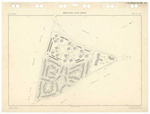 BRETIGNY-SUR-ORGE, plans minutes de conservation : tableau d'assemblage,1957, Ech. 1/10000 ; plans des sections Eu, Fu, A4, C2, C3, D1, 1957, Ech. 1/2500, sections A1, A2, A3, C1, C4, 1957, Ech. 1/1250, sections AB, AC, AD, AE, AH, AK, AL, AM, AN, AS, 195