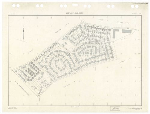 BRETIGNY-SUR-ORGE, plans minutes de conservation : tableau d'assemblage,1957, Ech. 1/10000 ; plans des sections Eu, Fu, A4, C2, C3, D1, 1957, Ech. 1/2500, sections A1, A2, A3, C1, C4, 1957, Ech. 1/1250, sections AB, AC, AD, AE, AH, AK, AL, AM, AN, AS, 195