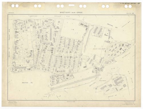 BRETIGNY-SUR-ORGE, plans minutes de conservation : tableau d'assemblage,1957, Ech. 1/10000 ; plans des sections Eu, Fu, A4, C2, C3, D1, 1957, Ech. 1/2500, sections A1, A2, A3, C1, C4, 1957, Ech. 1/1250, sections AB, AC, AD, AE, AH, AK, AL, AM, AN, AS, 195