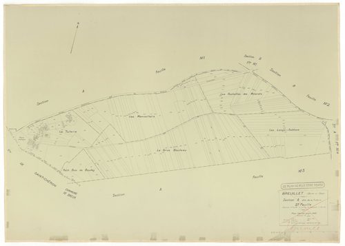 Plans minutes de conservation : BREUILLET : tableau d'assemblage, ech. 1/10000 (1943), sections A1, A2, A3, A4, B1, B2, B3, B4, C1, C2, D1, D2, ech. 1/1250, section E, ech. 1/2500 (1943) ; sections A1, A2, A4, B1, C1, C2, D1, ech. 1/1250 (1960), NB, papie