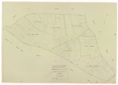 Plans minutes de conservation : BREUILLET : tableau d'assemblage, ech. 1/10000 (1943), sections A1, A2, A3, A4, B1, B2, B3, B4, C1, C2, D1, D2, ech. 1/1250, section E, ech. 1/2500 (1943) ; sections A1, A2, A4, B1, C1, C2, D1, ech. 1/1250 (1960), NB, papie
