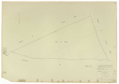 Plans minutes de conservation : BREUILLET : tableau d'assemblage, ech. 1/10000 (1943), sections A1, A2, A3, A4, B1, B2, B3, B4, C1, C2, D1, D2, ech. 1/1250, section E, ech. 1/2500 (1943) ; sections A1, A2, A4, B1, C1, C2, D1, ech. 1/1250 (1960), NB, papie