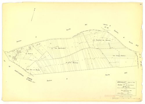 Plans minutes de conservation : BREUILLET : tableau d'assemblage, ech. 1/10000 (1943), sections A1, A2, A3, A4, B1, B2, B3, B4, C1, C2, D1, D2, ech. 1/1250, section E, ech. 1/2500 (1943) ; sections A1, A2, A4, B1, C1, C2, D1, ech. 1/1250 (1960), NB, papie