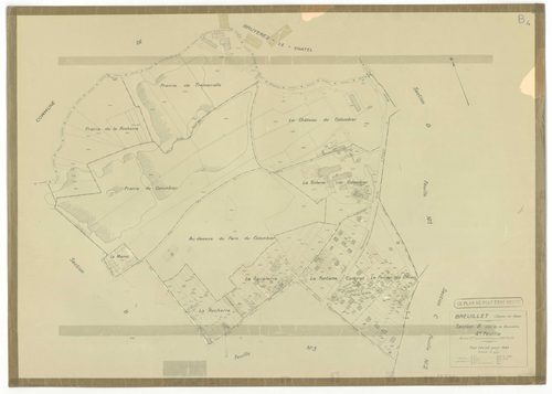 Plans minutes de conservation : BREUILLET : tableau d'assemblage, ech. 1/10000 (1943), sections A1, A2, A3, A4, B1, B2, B3, B4, C1, C2, D1, D2, ech. 1/1250, section E, ech. 1/2500 (1943) ; sections A1, A2, A4, B1, C1, C2, D1, ech. 1/1250 (1960), NB, papie