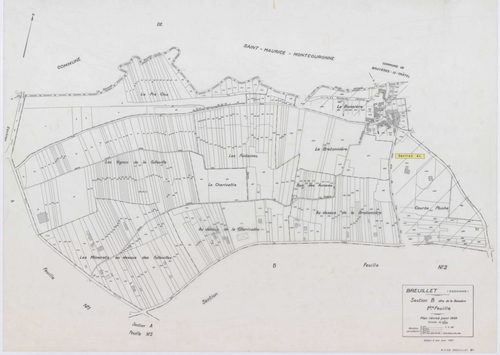 BREUILLET, plans minutes de conservation : tableau d'assemblage,1943, Ech. 1/10000 ; plans des sections A1, A2, A3, A4, B1, B2, B3, B4, 1943, Ech. 1/1250, sections AE, AH, AI, AK, AL, AM, AN, AO, AP, AR, AS, AY, AZ, 2001, Ech. 1/1000, sections AA, AB, AD,