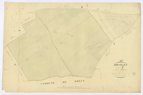 BREUILLET. - Section A - Tuilerie (la), 3ème feuille, ech. 1/1250, coul., aquarelle, papier, 67x100 (1825). 