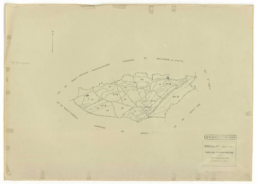 Plans minutes de conservation : BREUILLET : tableau d'assemblage, ech. 1/10000 (1943), sections A1, A2, A3, A4, B1, B2, B3, B4, C1, C2, D1, D2, ech. 1/1250, section E, ech. 1/2500 (1943) ; sections A1, A2, A4, B1, C1, C2, D1, ech. 1/1250 (1960), NB, papie