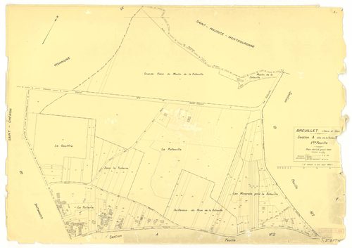 Plans minutes de conservation : BREUILLET : tableau d'assemblage, ech. 1/10000 (1943), sections A1, A2, A3, A4, B1, B2, B3, B4, C1, C2, D1, D2, ech. 1/1250, section E, ech. 1/2500 (1943) ; sections A1, A2, A4, B1, C1, C2, D1, ech. 1/1250 (1960), NB, papie