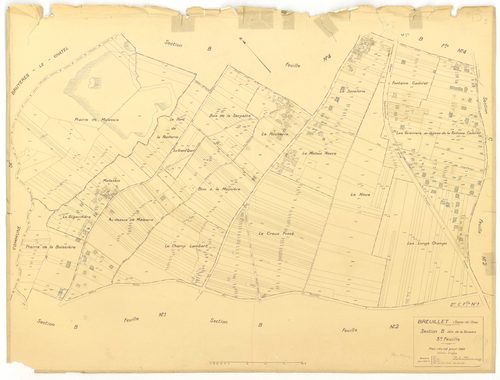 Plans minutes de conservation : BREUILLET : tableau d'assemblage, ech. 1/10000 (1943), sections A1, A2, A3, A4, B1, B2, B3, B4, C1, C2, D1, D2, ech. 1/1250, section E, ech. 1/2500 (1943) ; sections A1, A2, A4, B1, C1, C2, D1, ech. 1/1250 (1960), NB, papie