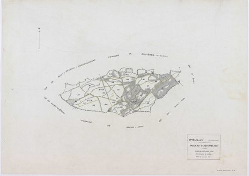 BREUILLET, plans minutes de conservation : tableau d'assemblage,1943, Ech. 1/10000 ; plans des sections A1, A2, A3, A4, B1, B2, B3, B4, 1943, Ech. 1/1250, sections AE, AH, AI, AK, AL, AM, AN, AO, AP, AR, AS, AY, AZ, 2001, Ech. 1/1000, sections AA, AB, AD,