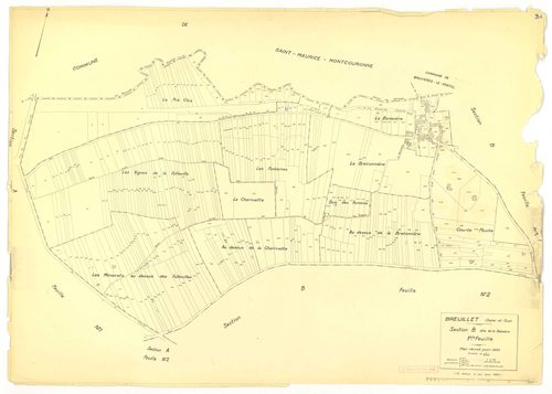 Plans minutes de conservation : BREUILLET : tableau d'assemblage, ech. 1/10000 (1943), sections A1, A2, A3, A4, B1, B2, B3, B4, C1, C2, D1, D2, ech. 1/1250, section E, ech. 1/2500 (1943) ; sections A1, A2, A4, B1, C1, C2, D1, ech. 1/1250 (1960), NB, papie