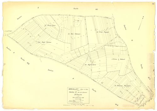 Plans minutes de conservation : BREUILLET : tableau d'assemblage, ech. 1/10000 (1943), sections A1, A2, A3, A4, B1, B2, B3, B4, C1, C2, D1, D2, ech. 1/1250, section E, ech. 1/2500 (1943) ; sections A1, A2, A4, B1, C1, C2, D1, ech. 1/1250 (1960), NB, papie