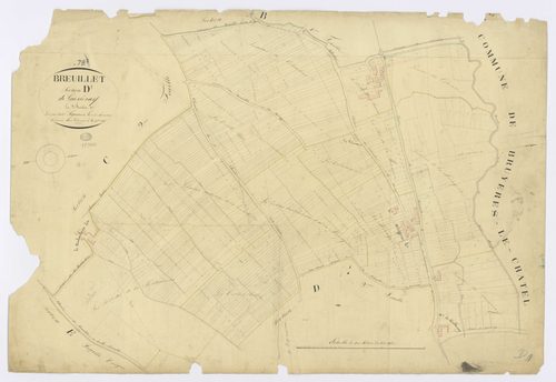 BREUILLET. - Section D - Guisseray, 1ère feuille, ech. 1/1250, coul., aquarelle, papier, 70x100 (1825). 