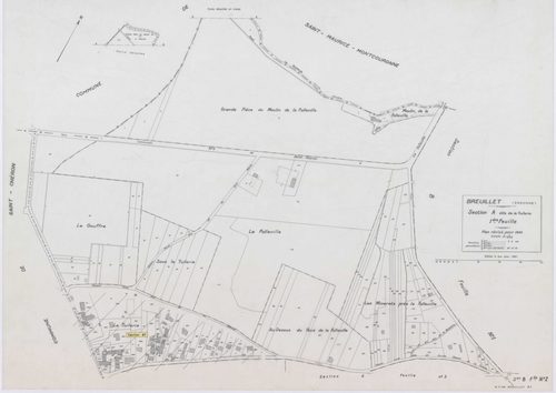 BREUILLET, plans minutes de conservation : tableau d'assemblage,1943, Ech. 1/10000 ; plans des sections A1, A2, A3, A4, B1, B2, B3, B4, 1943, Ech. 1/1250, sections AE, AH, AI, AK, AL, AM, AN, AO, AP, AR, AS, AY, AZ, 2001, Ech. 1/1000, sections AA, AB, AD,