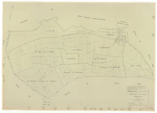 Plans minutes de conservation : BREUILLET : tableau d'assemblage, ech. 1/10000 (1943), sections A1, A2, A3, A4, B1, B2, B3, B4, C1, C2, D1, D2, ech. 1/1250, section E, ech. 1/2500 (1943) ; sections A1, A2, A4, B1, C1, C2, D1, ech. 1/1250 (1960), NB, papie