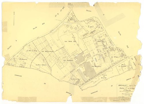 Plans minutes de conservation : BREUILLET : tableau d'assemblage, ech. 1/10000 (1943), sections A1, A2, A3, A4, B1, B2, B3, B4, C1, C2, D1, D2, ech. 1/1250, section E, ech. 1/2500 (1943) ; sections A1, A2, A4, B1, C1, C2, D1, ech. 1/1250 (1960), NB, papie