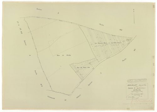 Plans minutes de conservation : BREUILLET : tableau d'assemblage, ech. 1/10000 (1943), sections A1, A2, A3, A4, B1, B2, B3, B4, C1, C2, D1, D2, ech. 1/1250, section E, ech. 1/2500 (1943) ; sections A1, A2, A4, B1, C1, C2, D1, ech. 1/1250 (1960), NB, papie