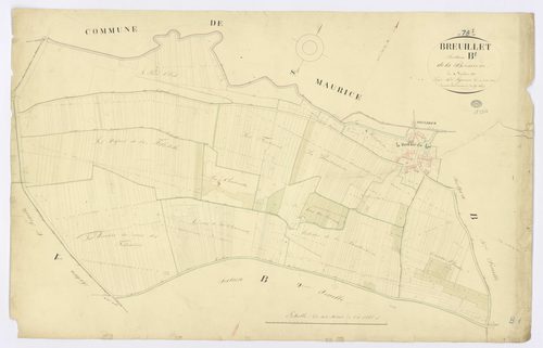 BREUILLET. - Section B - Boissière (la), 1ère feuille, ech. 1/1250, coul., aquarelle, papier, 67x103 (1825). 