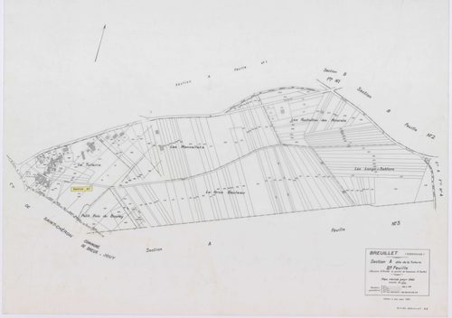 BREUILLET, plans minutes de conservation : tableau d'assemblage,1943, Ech. 1/10000 ; plans des sections A1, A2, A3, A4, B1, B2, B3, B4, 1943, Ech. 1/1250, sections AE, AH, AI, AK, AL, AM, AN, AO, AP, AR, AS, AY, AZ, 2001, Ech. 1/1000, sections AA, AB, AD,