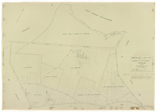 Plans minutes de conservation : BREUILLET : tableau d'assemblage, ech. 1/10000 (1943), sections A1, A2, A3, A4, B1, B2, B3, B4, C1, C2, D1, D2, ech. 1/1250, section E, ech. 1/2500 (1943) ; sections A1, A2, A4, B1, C1, C2, D1, ech. 1/1250 (1960), NB, papie