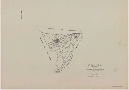 BREUX-JOUY, plans minutes de conservation : tableau d'assemblage,1932, Ech. 1/10000 ; plans des sections A1, C, 1932, Ech. 1/2500, sections B1, B2, B3, 1932, Ech. 1/1250, sections AA, AB, AC, AD, AE, AH, AI, 2000, Ech. 1/1000. Polyester. N et B. Dim. 105 