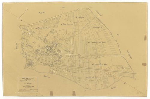 Plans minutes de conservation : BREUX-JOUY : tableau d'assemblage, ech. 1/10000 (1932), sections A1, ech. 1/2500, sections A2, B1, B2, B3, ech. 1/1250, sections C, ech. 1/2500 (1932) ; section A2, ech. 1/1250 (1968), NB, papier, 105x80 [8 plans]. 