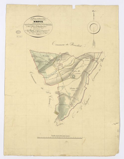 BREUX-JOUY. - Plan d'assemblage, ech. 1/10000, coul., aquarelle, papier, 68x52 (1826). 