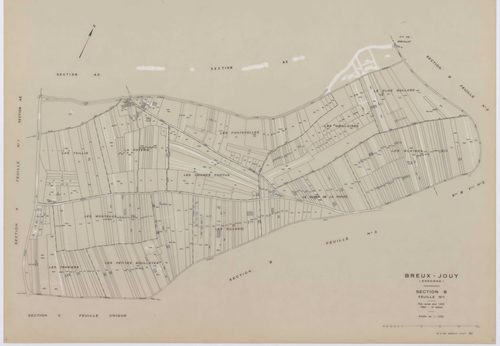 BREUX-JOUY, plans minutes de conservation : tableau d'assemblage,1932, Ech. 1/10000 ; plans des sections A1, C, 1932, Ech. 1/2500, sections B1, B2, B3, 1932, Ech. 1/1250, sections AA, AB, AC, AD, AE, AH, AI, 2000, Ech. 1/1000. Polyester. N et B. Dim. 105 