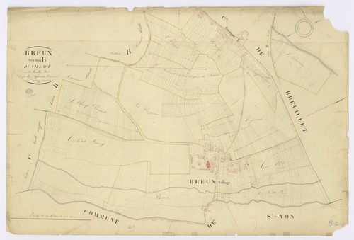 BREUX-JOUY. - Section B - Village (le), 2ème feuille, ech. 1/1250, coul., aquarelle, papier, 70x103 (1826). 