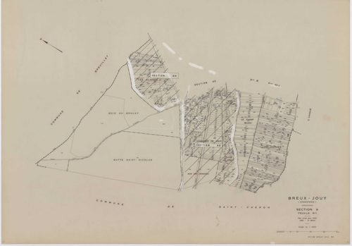 BREUX-JOUY, plans minutes de conservation : tableau d'assemblage,1932, Ech. 1/10000 ; plans des sections A1, C, 1932, Ech. 1/2500, sections B1, B2, B3, 1932, Ech. 1/1250, sections AA, AB, AC, AD, AE, AH, AI, 2000, Ech. 1/1000. Polyester. N et B. Dim. 105 