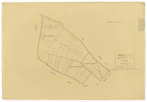 Plans minutes de conservation : BREUX-JOUY : tableau d'assemblage, ech. 1/10000 (1932), sections A1, ech. 1/2500, sections A2, B1, B2, B3, ech. 1/1250, sections C, ech. 1/2500 (1932) ; section A2, ech. 1/1250 (1968), NB, papier, 105x80 [8 plans]. 