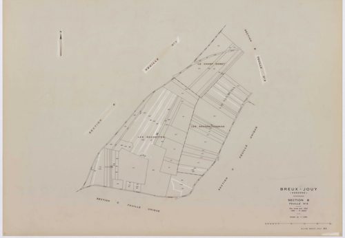 BREUX-JOUY, plans minutes de conservation : tableau d'assemblage,1932, Ech. 1/10000 ; plans des sections A1, C, 1932, Ech. 1/2500, sections B1, B2, B3, 1932, Ech. 1/1250, sections AA, AB, AC, AD, AE, AH, AI, 2000, Ech. 1/1000. Polyester. N et B. Dim. 105 