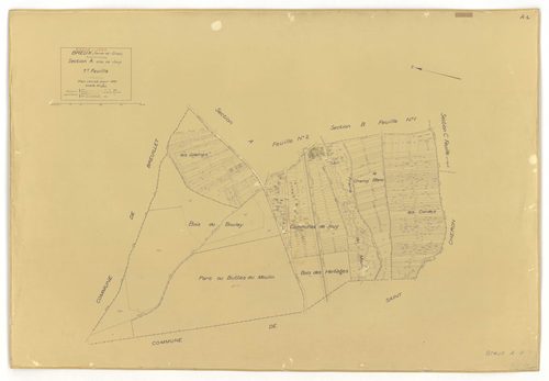 Plans minutes de conservation : BREUX-JOUY : tableau d'assemblage, ech. 1/10000 (1932), sections A1, ech. 1/2500, sections A2, B1, B2, B3, ech. 1/1250, sections C, ech. 1/2500 (1932) ; section A2, ech. 1/1250 (1968), NB, papier, 105x80 [8 plans]. 