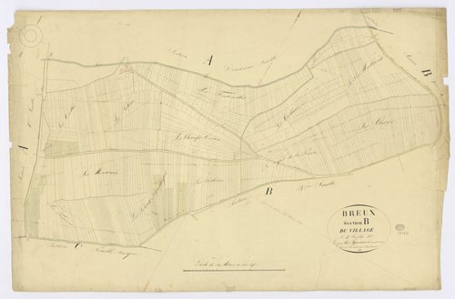 BREUX-JOUY. - Section B - Village (le), 1ère feuille, ech. 1/1250, coul., aquarelle, papier, 68x103 (1826). 