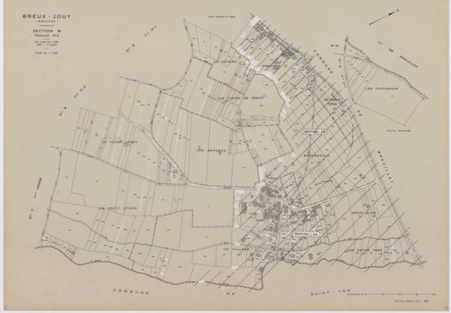 BREUX-JOUY, plans minutes de conservation : tableau d'assemblage,1932, Ech. 1/10000 ; plans des sections A1, C, 1932, Ech. 1/2500, sections B1, B2, B3, 1932, Ech. 1/1250, sections AA, AB, AC, AD, AE, AH, AI, 2000, Ech. 1/1000. Polyester. N et B. Dim. 105 
