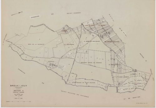 BREUX-JOUY, plans minutes de conservation : tableau d'assemblage,1932, Ech. 1/10000 ; plans des sections A1, C, 1932, Ech. 1/2500, sections B1, B2, B3, 1932, Ech. 1/1250, sections AA, AB, AC, AD, AE, AH, AI, 2000, Ech. 1/1000. Polyester. N et B. Dim. 105 
