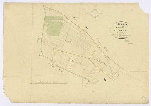 BREUX-JOUY. - Section B - Village (le), 3ème feuille, ech. 1/1250, coul., aquarelle, papier, 67x96 (1826). 